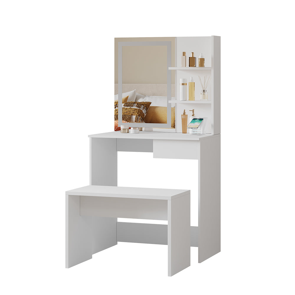 Vicco Tavolo da toeletta Bianco 75 cm con specchio a LED, caricatore QI e panchina