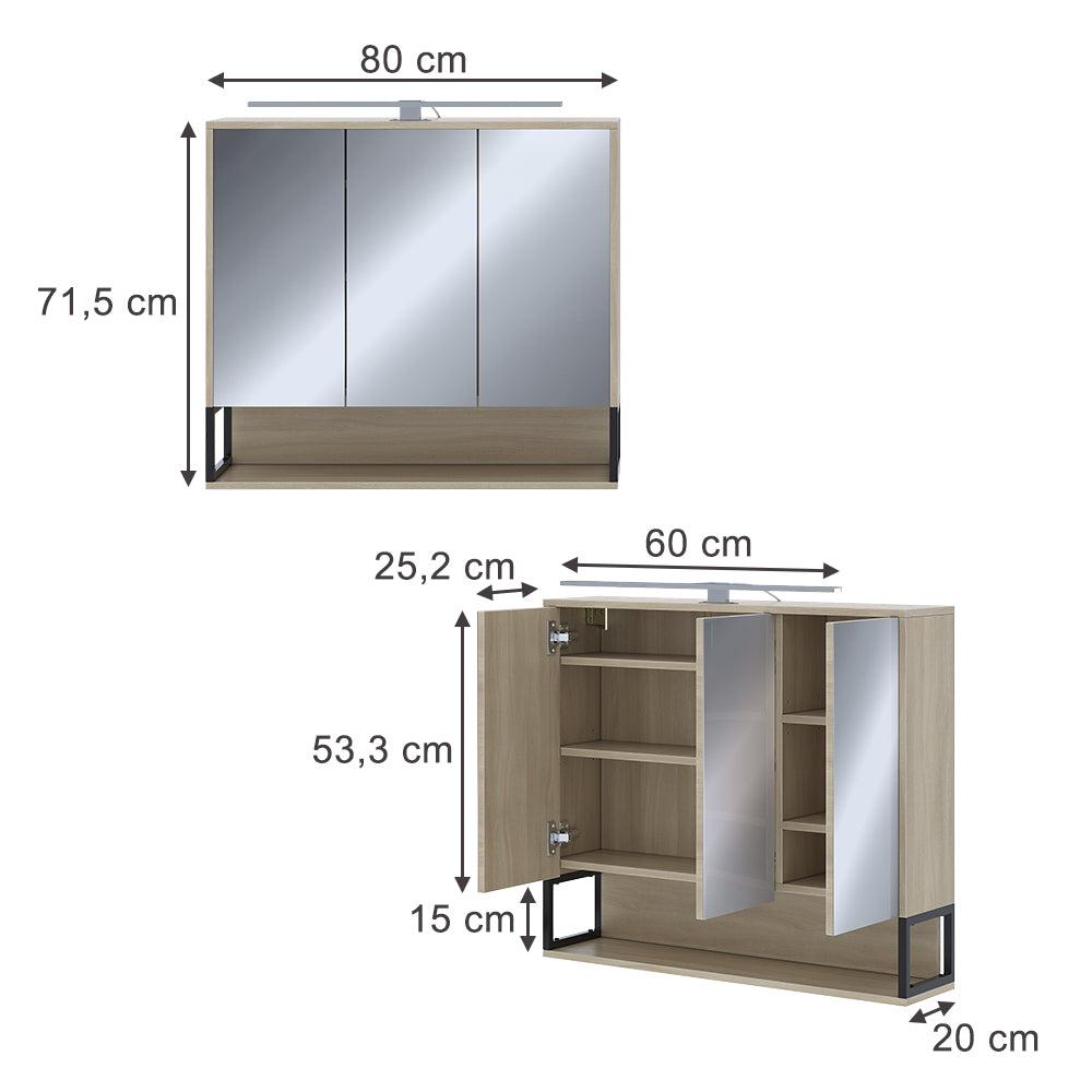 Vicco Mobile a specchio per il bagno Quercia/nero 80 x 71.5 cm con luce LED