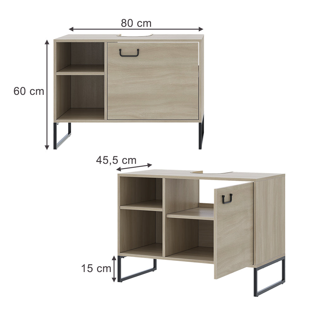 Vicco Mobiletto per lavabo Quercia/nero 80 x 60 cm con 2 scomparti aperti