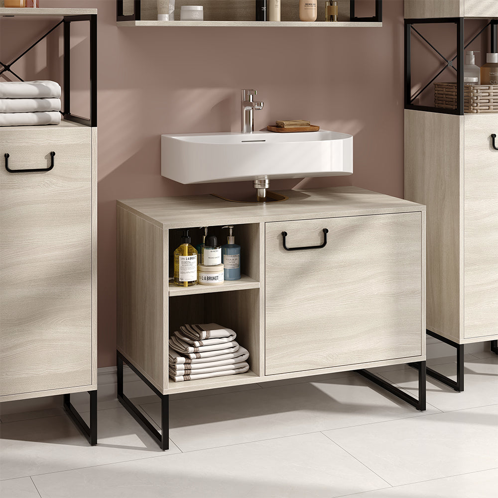 Vicco Mobiletto per lavabo Quercia/nero 80 x 60 cm con 2 scomparti aperti