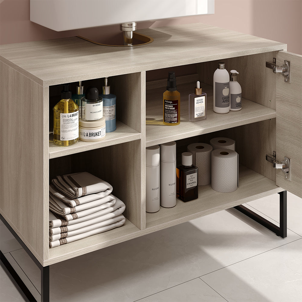 Vicco Mobiletto per lavabo Quercia/nero 80 x 60 cm con 2 scomparti aperti