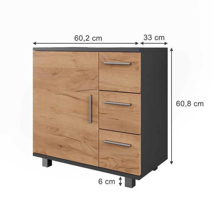 Vicco Mobiletto per lavabo Antracite/quercia dorata 60.2 x 60.8 cm con anta e 3 cassetti