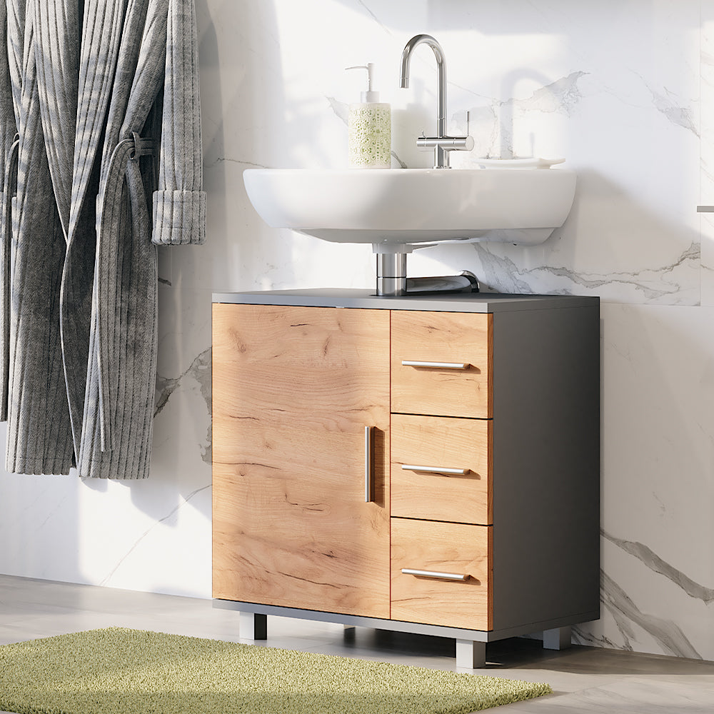 Vicco Mobiletto per lavabo Antracite/quercia dorata 60.2 x 60.8 cm con anta e 3 cassetti