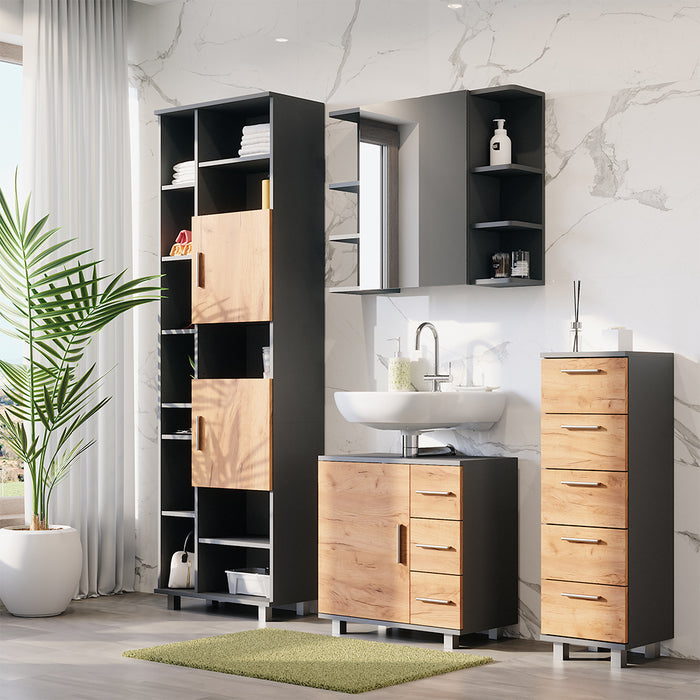 Vicco Mobiletto per lavabo Antracite/quercia dorata 60.2 x 60.8 cm con anta e 3 cassetti