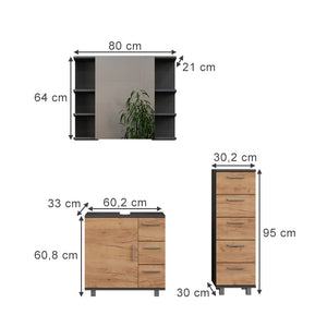 Vicco Set di mobili da bagno Antracite/quercia dorata 3 parti, con mobile midi