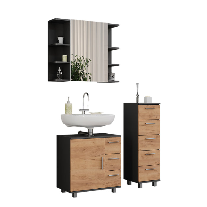 Vicco Set di mobili da bagno Antracite/quercia dorata 3 parti, con mobile midi