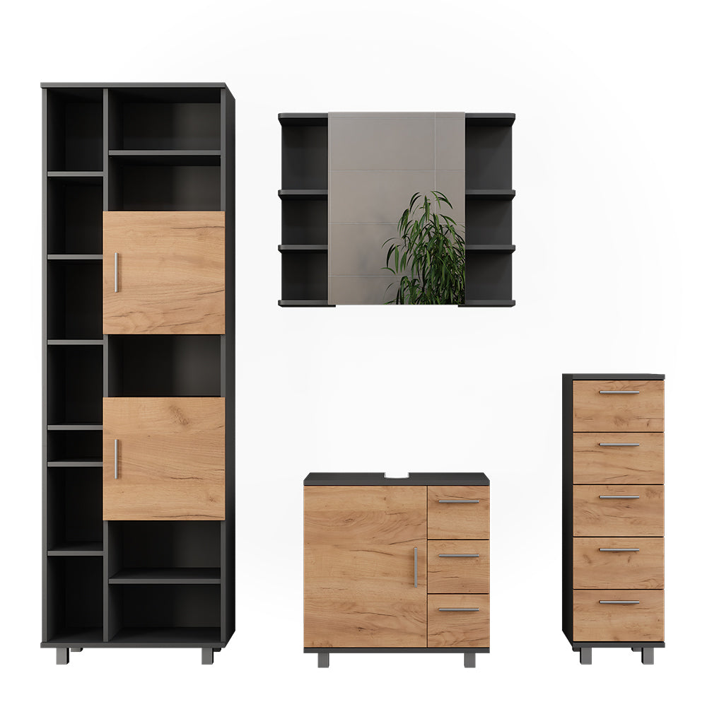 Vicco Set di mobili da bagno Antracite/quercia dorata 4 pezzi, con unità alta e unità midi