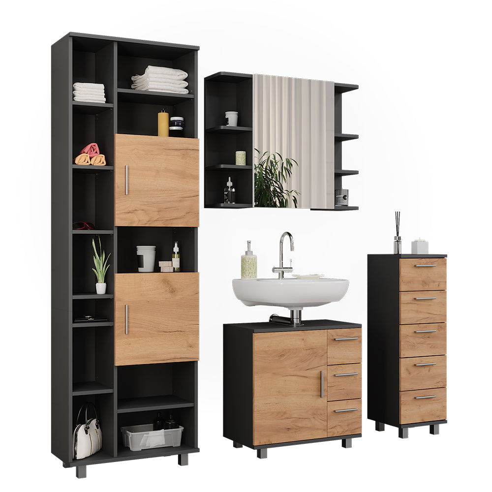 Vicco Set di mobili da bagno Antracite/quercia dorata 4 pezzi, con unità alta e unità midi