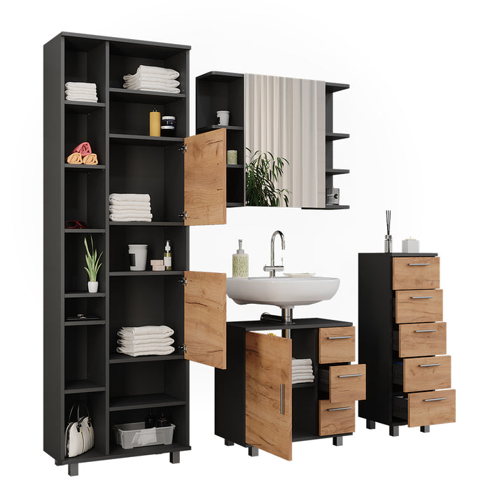 Vicco Set di mobili da bagno Antracite/quercia dorata 4 pezzi, con unità alta e unità midi