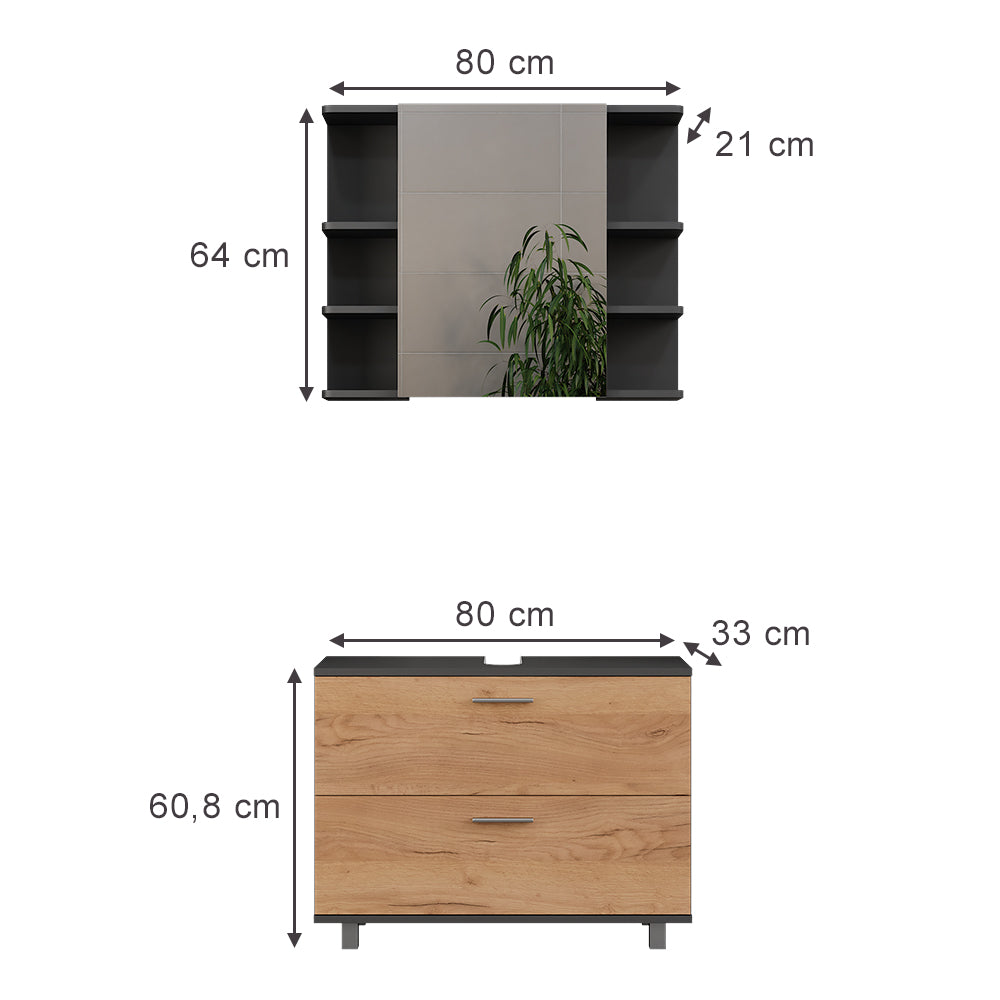 Vicco Set di mobili da bagno Quercia dorata/antracite 2 parti, base 80 cm