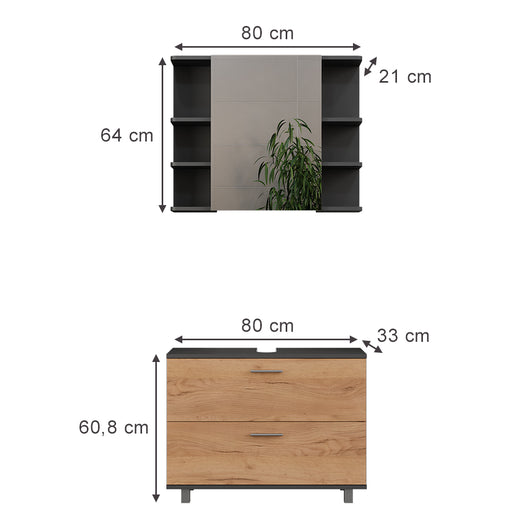 Vicco Set di mobili da bagno Quercia dorata/antracite 2 parti, base 80 cm