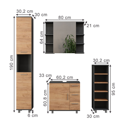 Vicco Set di mobili da bagno Antracite/quercia dorata 4 parti