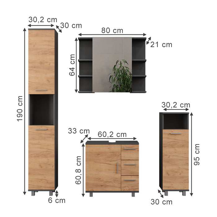 Vicco Set di mobili da bagno Quercia dorata/antracite 4 parti