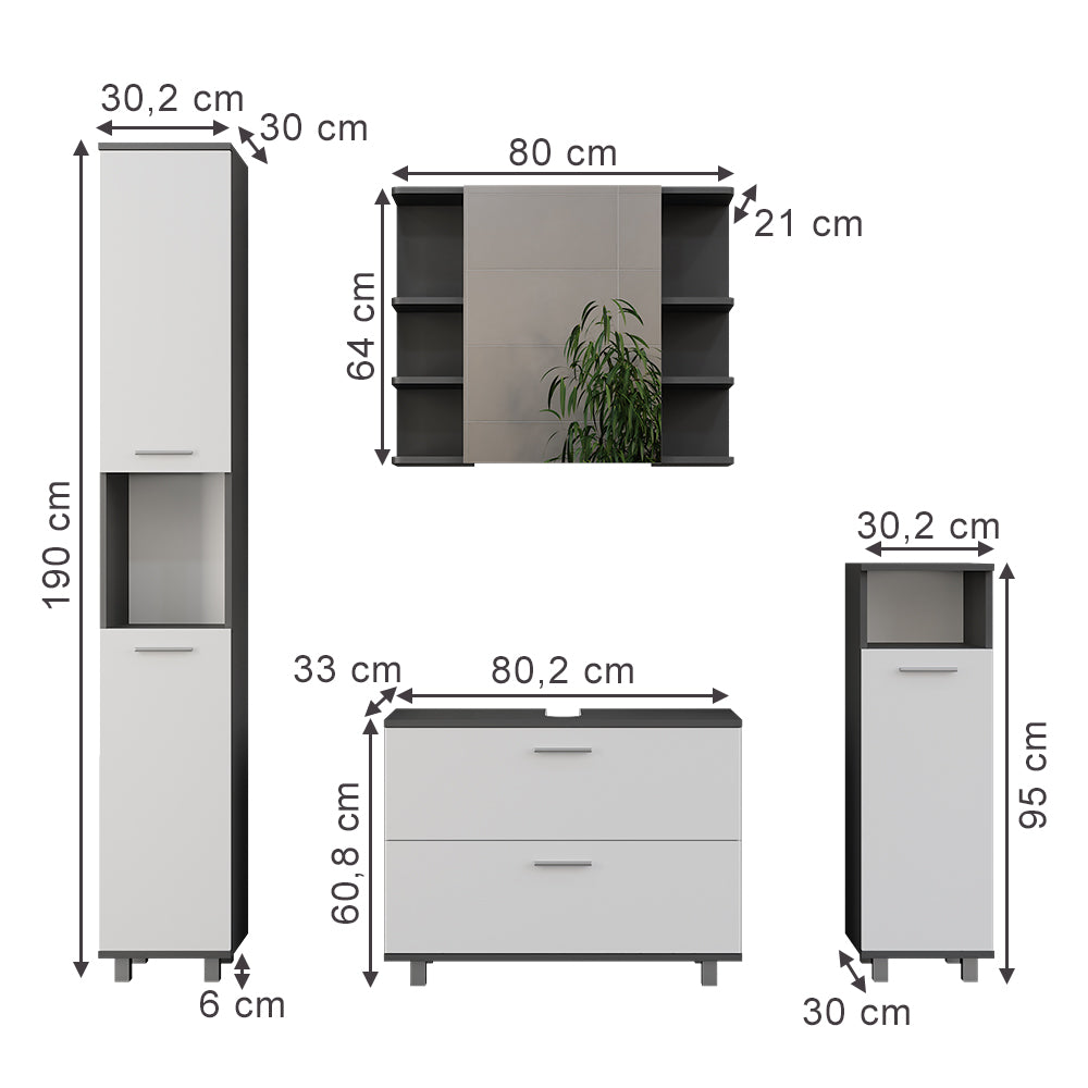 Vicco Set di mobili da bagno Antracite/bianco 4 parti