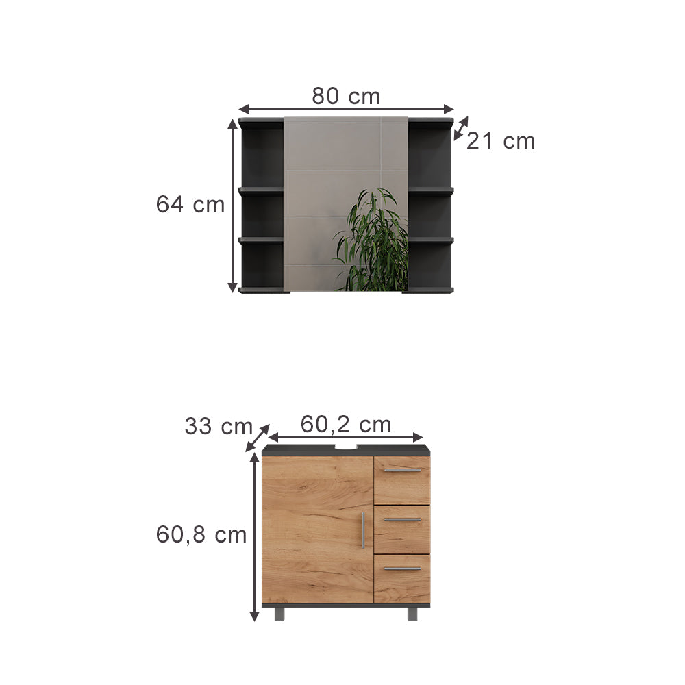 Vicco Set di mobili da bagno Antracite/quercia dorata 2 parti