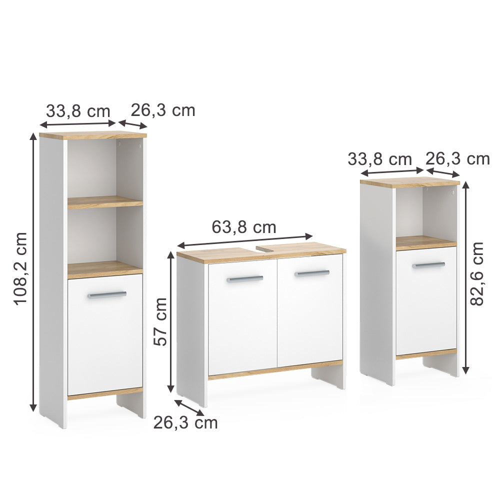 Vicco Set di mobili da bagno Rovere bianco/dorato 3 pezzi