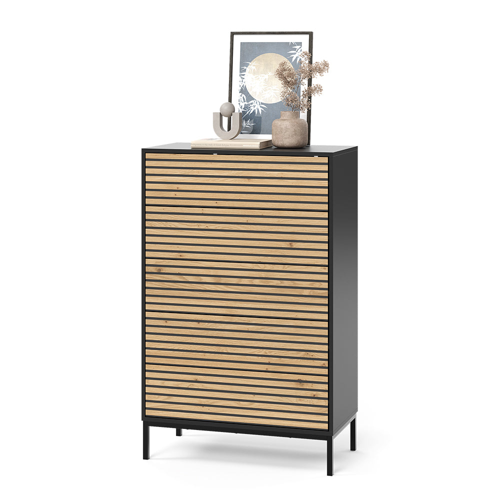 Vicco Cassettiera Nero/quercia 76 x 120 cm con 5 cassetti