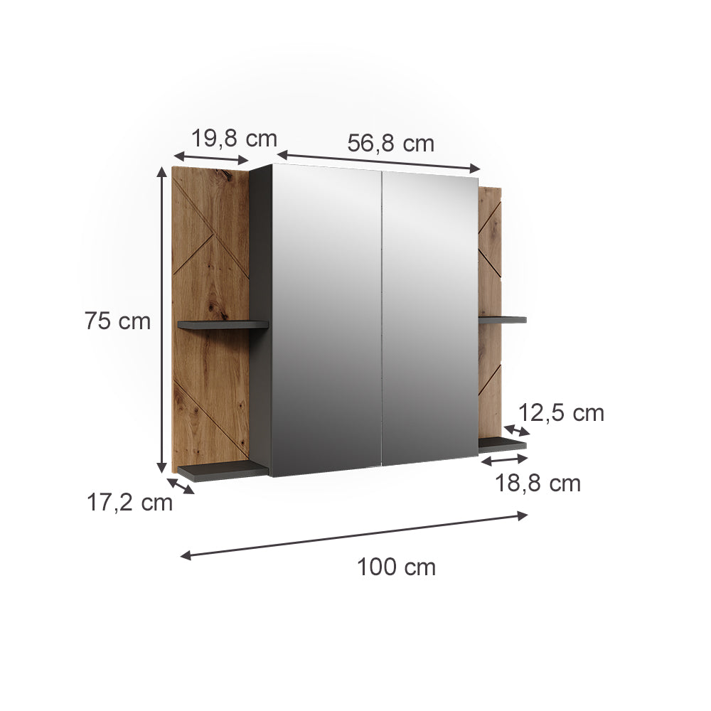Vicco Armadio a specchio per il bagno Antracite/Artisan 100 x 75 cm con 2 porte