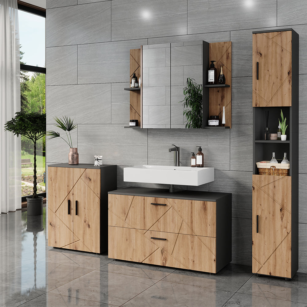 Vicco Armadio a specchio per il bagno Antracite/Artisan 100 x 75 cm con 2 porte