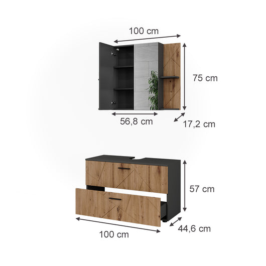 Vicco Set di mobili da bagno Antracite/Artisan 2 parti