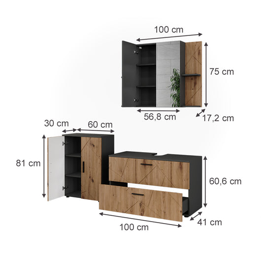 Vicco Set di mobili da bagno Antracite/Artisan 3 parti