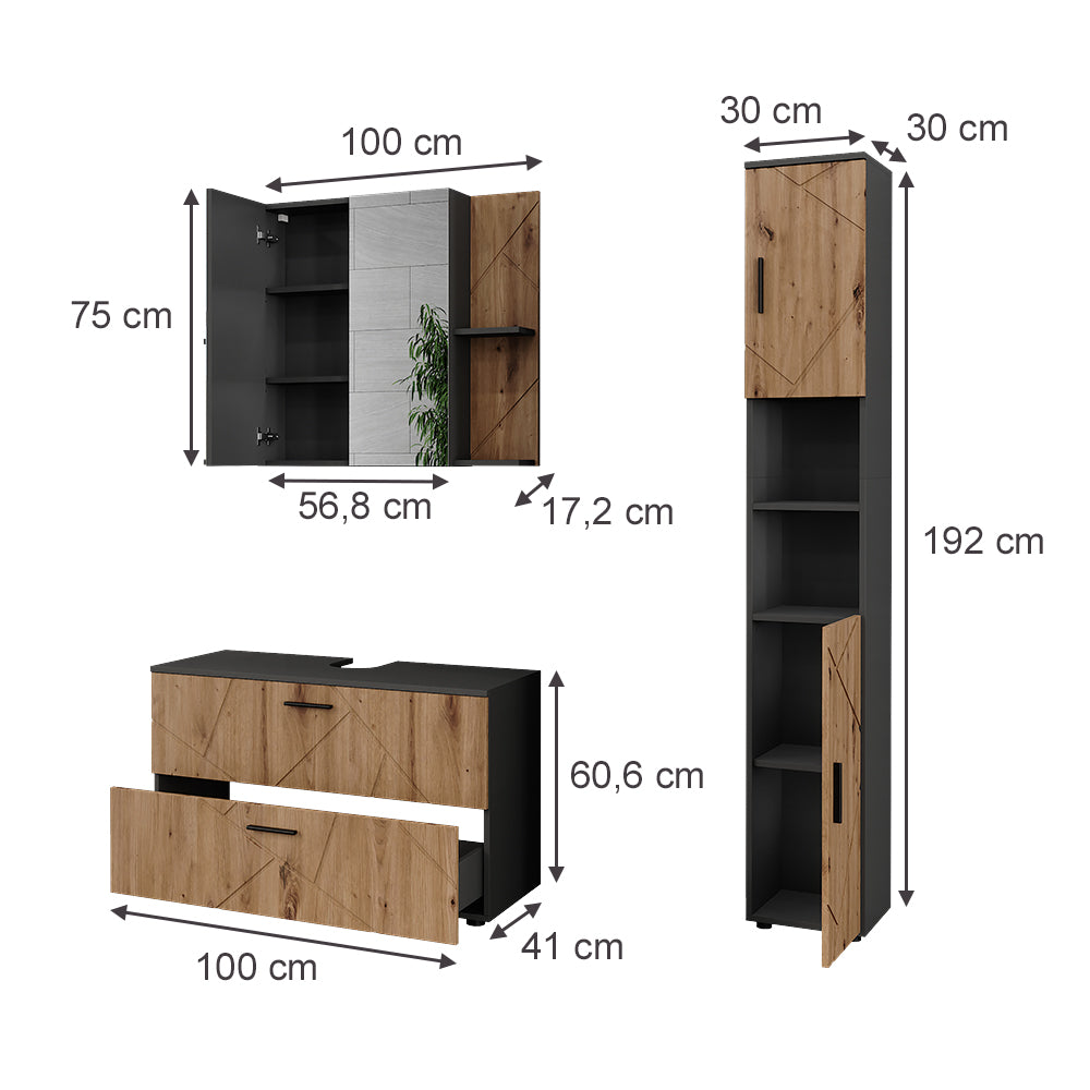 Vicco Set di mobili da bagno Antracite/Artisan 3 parti