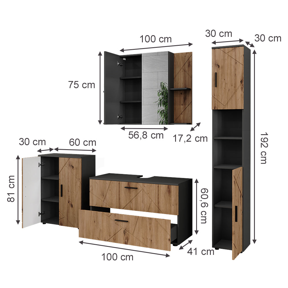 Vicco Set di mobili da bagno Antracite/Artisan 4 parti