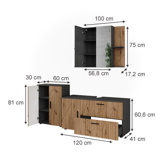 Vicco Set di mobili da bagno Antracite/Artisan 3 parti