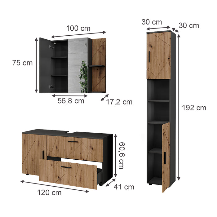 Vicco Set di mobili da bagno Antracite/Artisan 3 parti