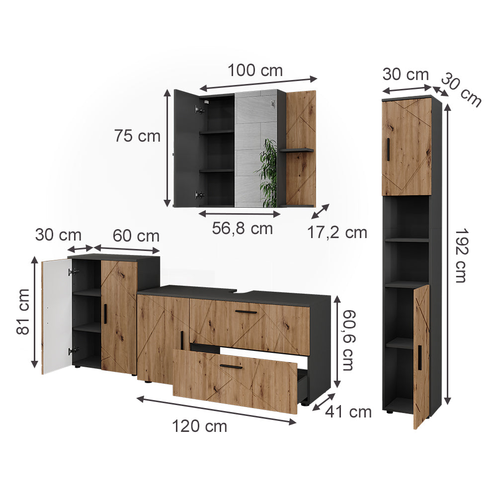 Vicco Set di mobili da bagno Antracite/Artisan 4 parti