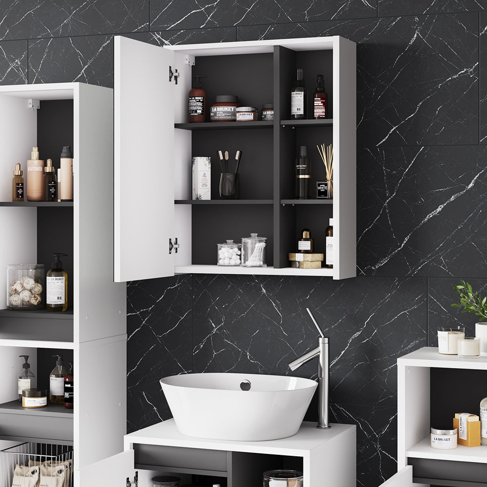 Vicco Mobile a specchio per il bagno Bianco/Grigio 60 x 75 cm con ripiani aperti
