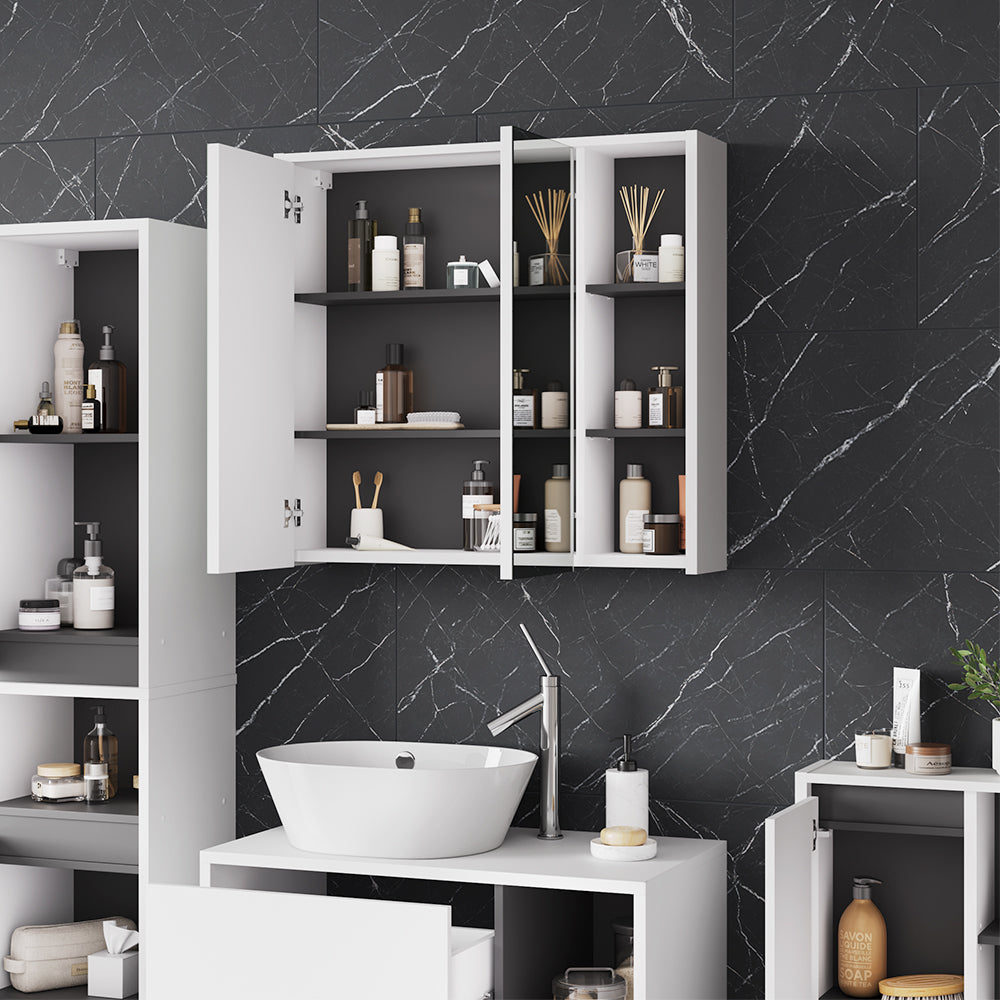 Vicco Mobile a specchio per il bagno Bianco/Grigio 80 x 75 cm con ripiani aperti