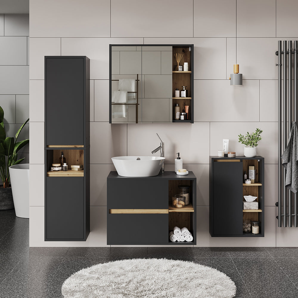 Vicco Mobile a specchio per il bagno Grigio/Artisan 80 x 75 cm con ripiani aperti