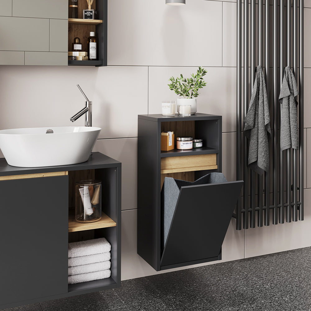 Vicco Mobiletto da bagno Grigio/Artisan 38 x 80 cm con cesto portabiancheria