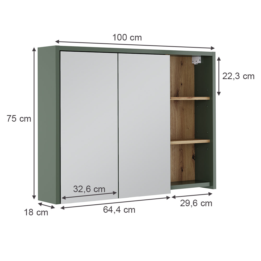 Vicco Mobile a specchio per bagno Verde/Artigianale 100 x 75 cm con ripiani aperti