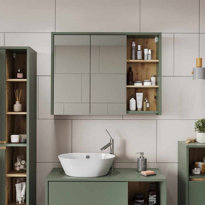 Vicco Mobile a specchio per bagno Verde/Artigianale 100 x 75 cm con ripiani aperti