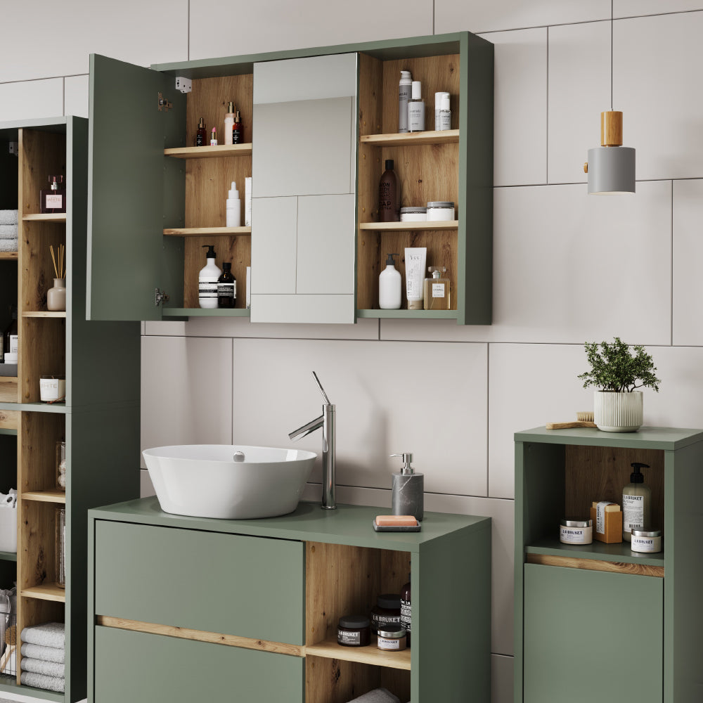 Vicco Mobile a specchio per bagno Verde/Artigianale 100 x 75 cm con ripiani aperti