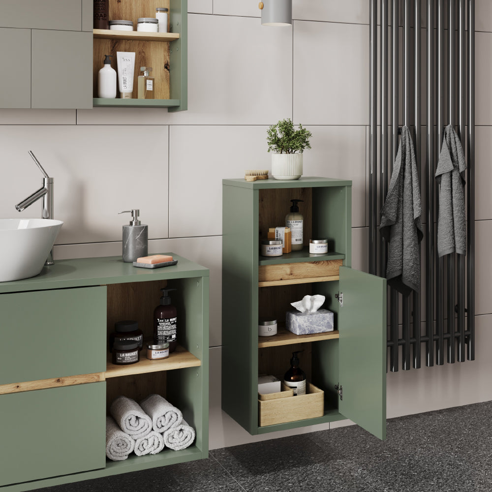 Vicco Mobiletto midi Verde/Artigianale 33 x 80 cm con porta e ripiano aperto