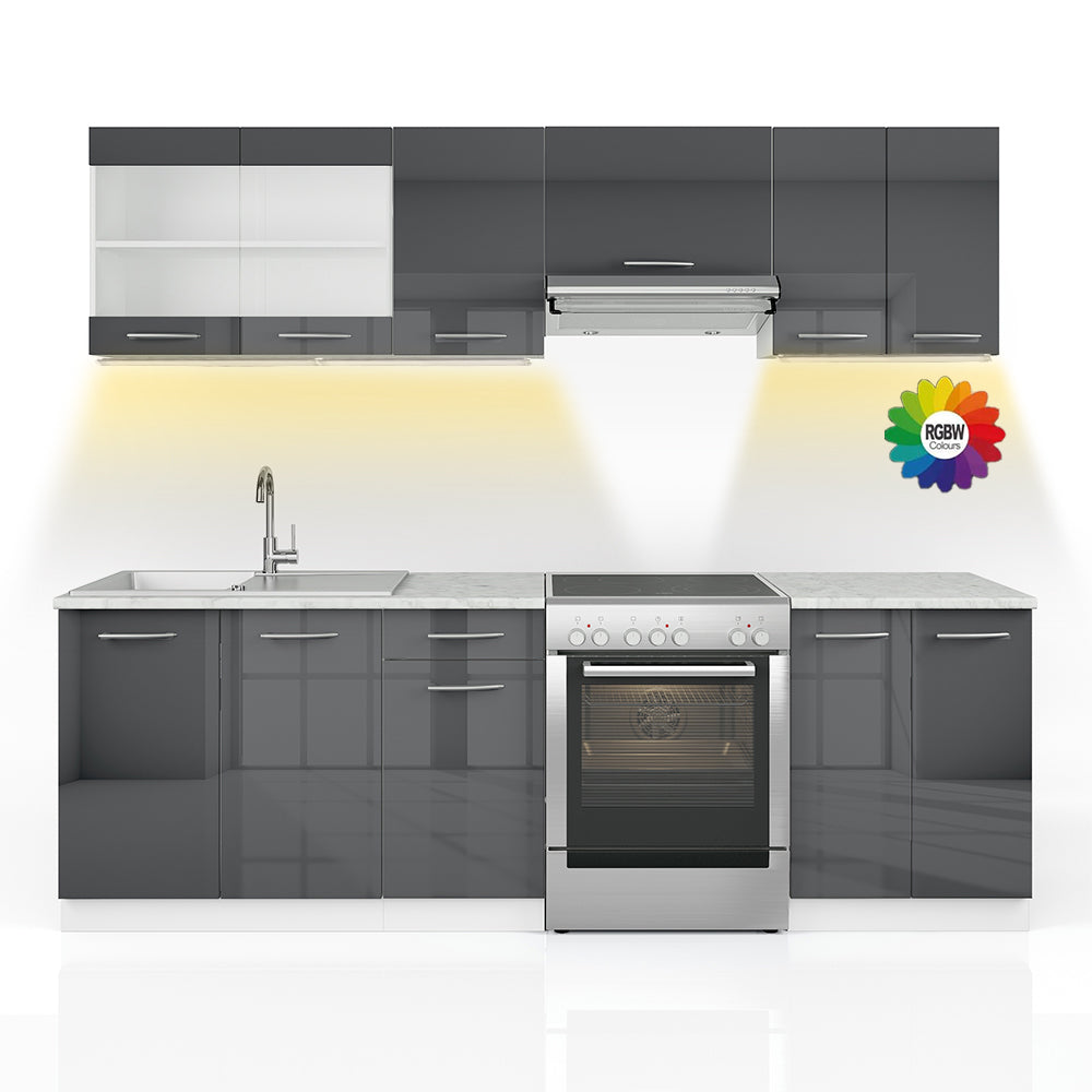 Vicco Mobile da cucina Antracite 240 cm , PL Marmo con striscia LED