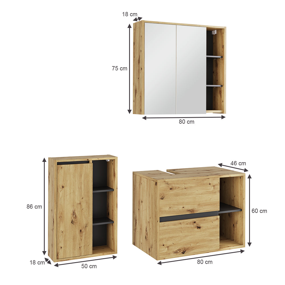 Vicco Set di mobili da bagno Artigiano/grigio 3 parti