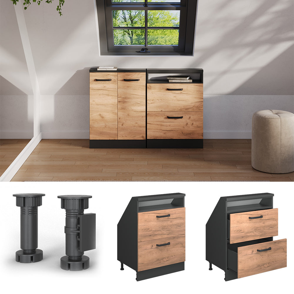 Vicco Mobile cucina sottotetto Quercia dorata/antracite 60 cm con 2 cassetti