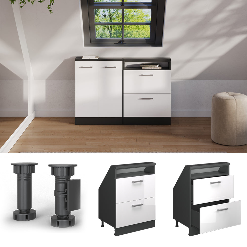 Vicco Mobile cucina sottotetto Bianco lucido/antracite 60 cm con 2 cassetti