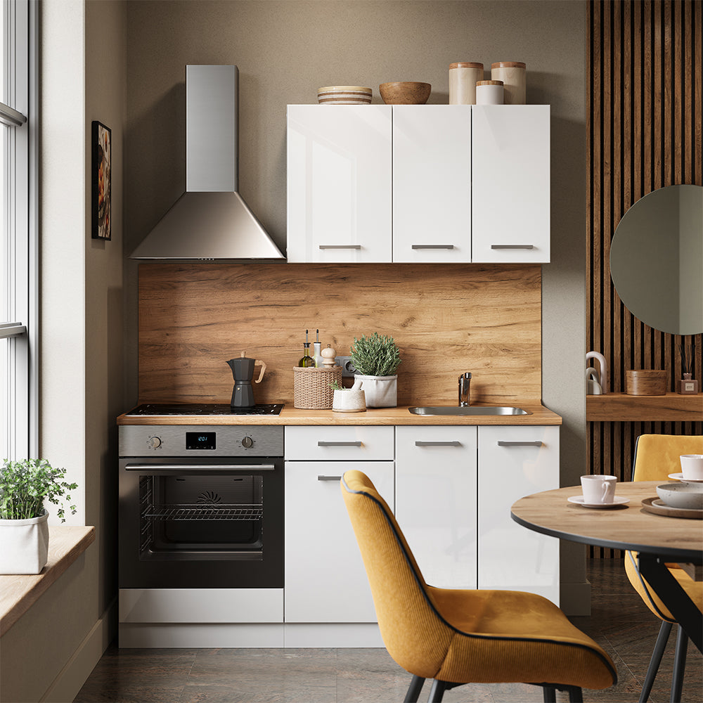 Vicco Cucina completa Bianco lucido/bianco 160 cm con colonna forno senza piano di lavoro