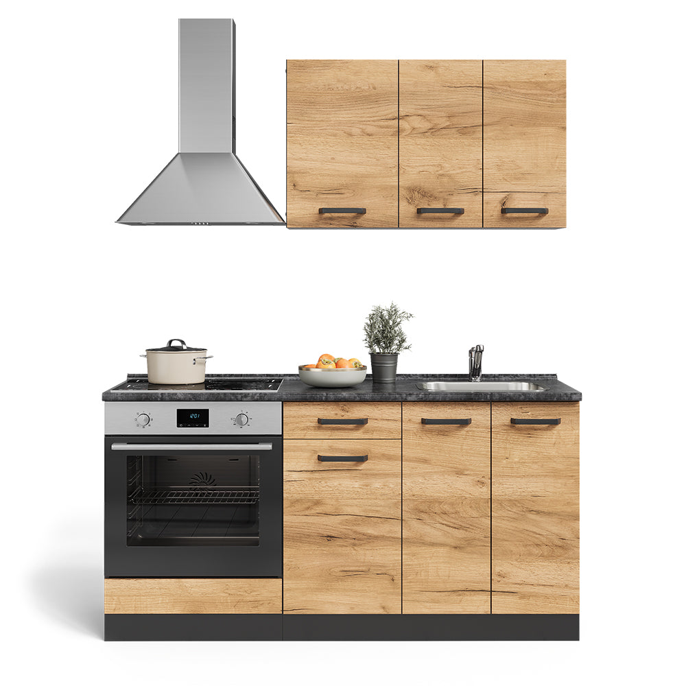 Vicco Cucina completa Quercia dorata/antracite 160 cm con mobile forno incasso con piano di lavoro