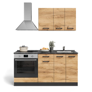 Vicco Cucina completa Quercia dorata/antracite 160 cm con mobile forno incasso con piano di lavoro