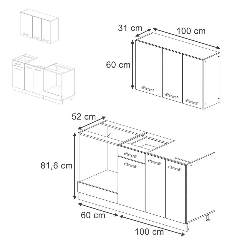 Vicco Cucina completa Nero lucido/bianco 160 cm con base forno e lavello con PT