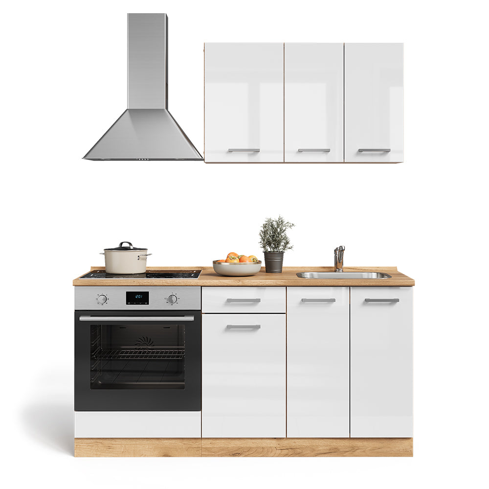 Vicco Cucina completa Bianco lucido/oro power oak 160 cm con base forno e lavello senza PT