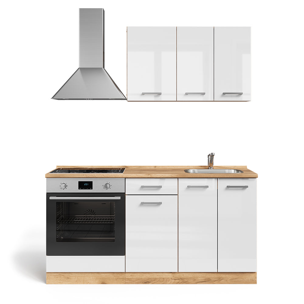 Vicco Cucina completa Bianco lucido/oro power oak 160 cm con base forno e lavello senza PT
