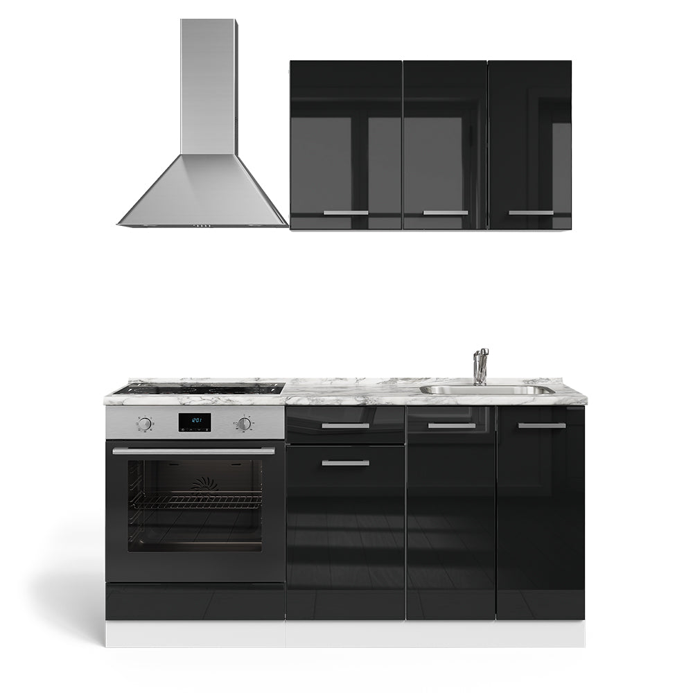 Vicco Cucina completa Nero lucido/bianco 160 cm con mobile forno incasso con piano di lavoro