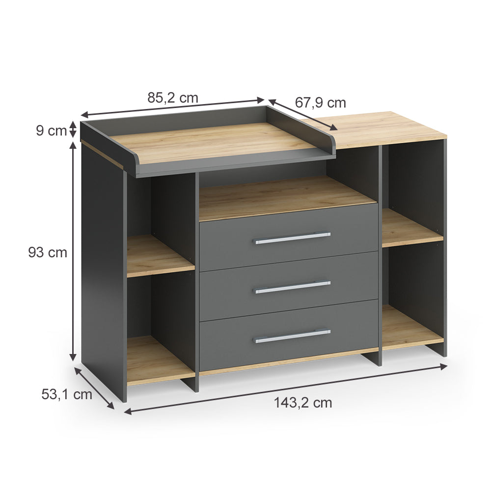 Vicco Fasciatoio Antracite/quercia dorata 143.2 x 93 cm con 3 cassetti